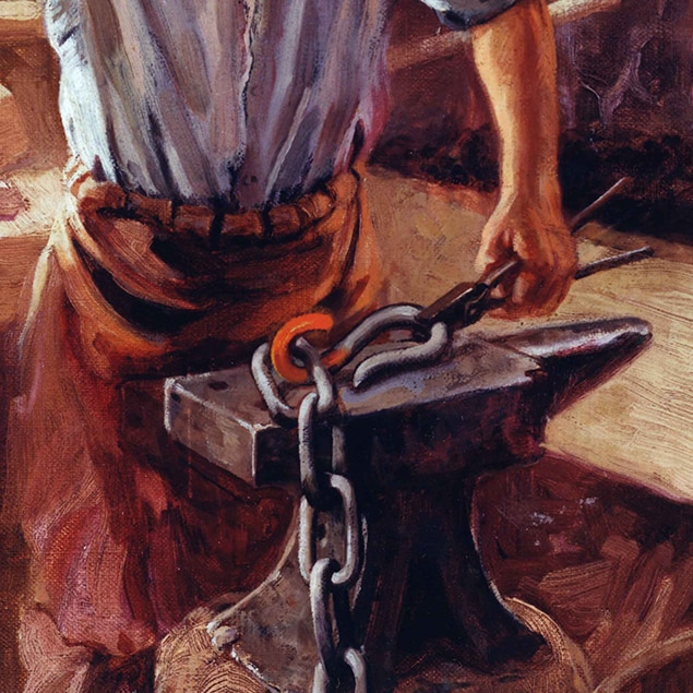 Walter Haskell Hinton festménye a kovácsműhelyében dolgozó John Deere-ről