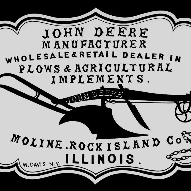 1855-ből származó hirdetés, rajta a következő szöveggel: John Deere gyártó, ekék és mezőgazdasági eszközök nagy- és kiskereskedője. Moline, Rock Island Co. Illinois