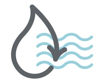 Vízcsepp szürke ikonja egy nyíllal, amely a fenntarthatóságot jelzi: egy nagyobb, hullámzó vízforrásba kerül vissza