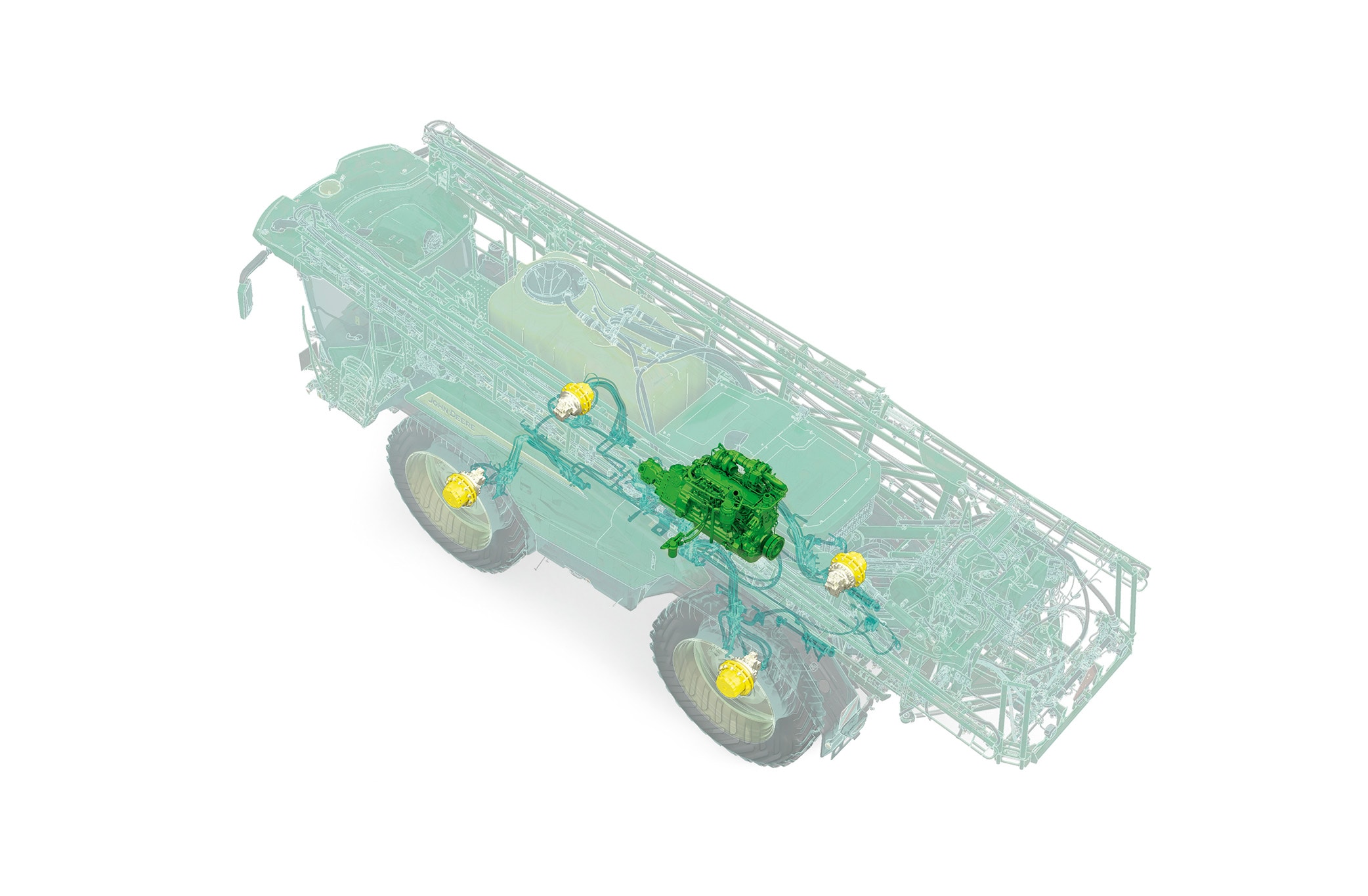Műszaki CAD-ábra az 500R permetezőgépről a CommandDrive™ és a motor kiemelésével