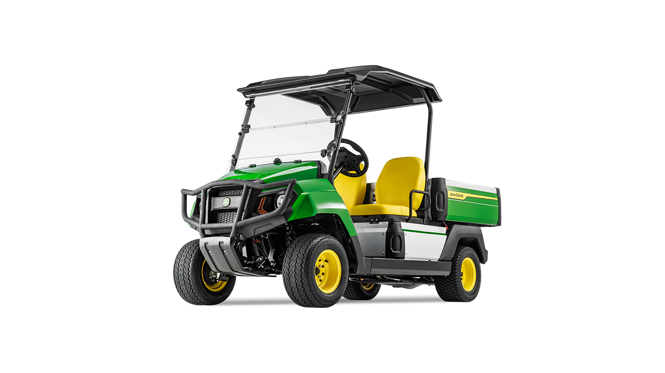A John Deere Gator GS benzinmotoros többcélú jármű első háromnegyedes nézete, masszív ütközővel és tágas rakfelülettel.