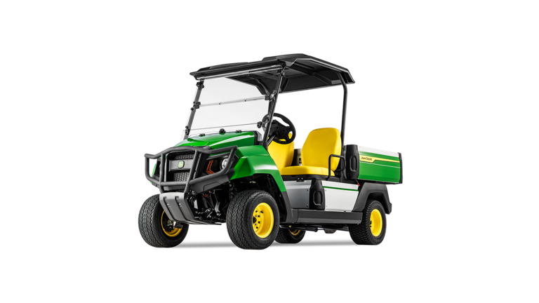 A hűtőrácsot, a fényszórókat és a sárga ülést kiemelő John Deere Gator GS elektromos modell elölnézete szögből.