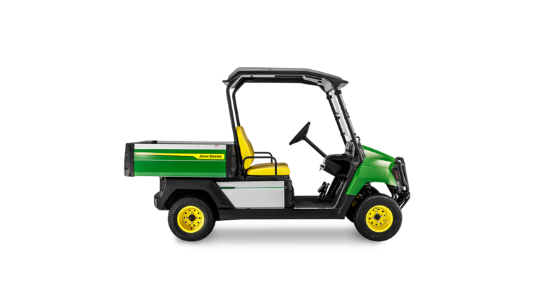 A John Deere Gator GS benzinmotoros többcélú jármű oldalsó profilja zöld karosszériával, sárga kerekekkel és nyitott fülkével.