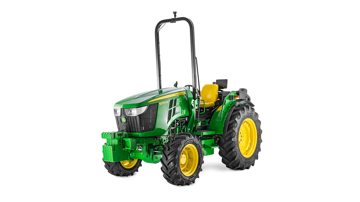 John Deere 5075EN traktor zöld és sárga színben, elölnézet kompakt kialakítással és masszív gumiabroncsokkal.