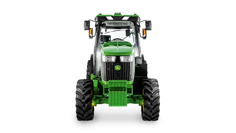 A John Deere 5075EN traktor elölnézete a fényszórók, a hűtőrács és a pótsúlytartó jól látható.