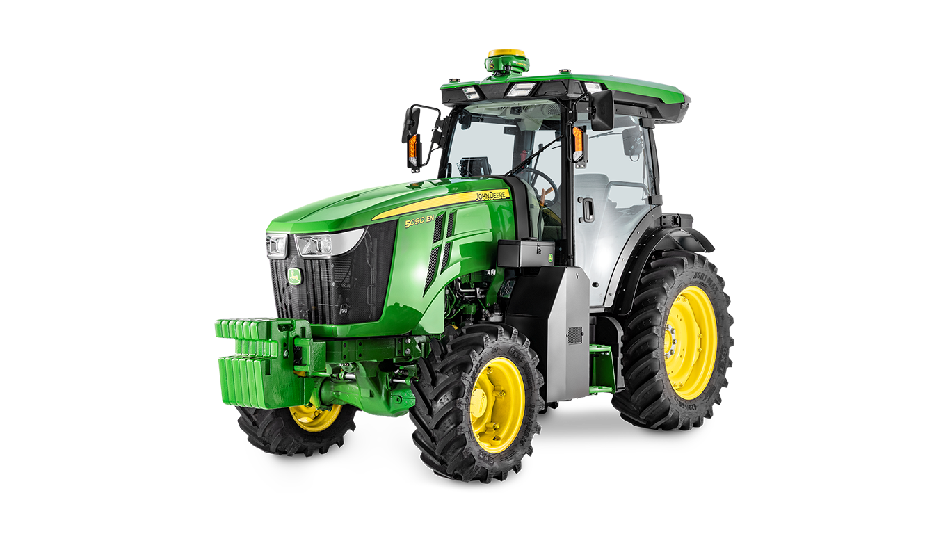 John Deere 5090EN traktor zöld-sárga színben, mellső oldalról fényképezve.