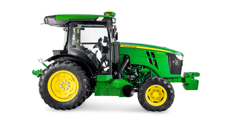 A John Deere 5090EN traktor oldalprofilja, amely a fülke kialakítását és a nagy hátsó gumiabroncsokat emeli ki.