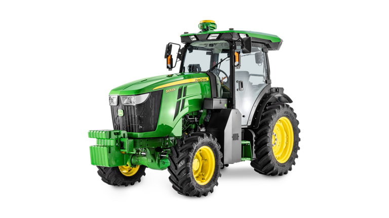 John Deere 5105EN traktor fülkével, zöld karosszériával és sárga kerekekkel, elülső nézetben szögben állva megjelenítve.
